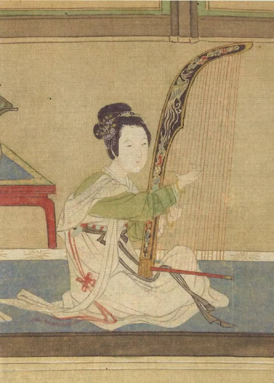 《汉宫春晓》局部：弹箜篌