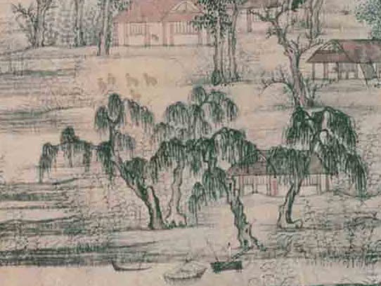 村舍与柳树