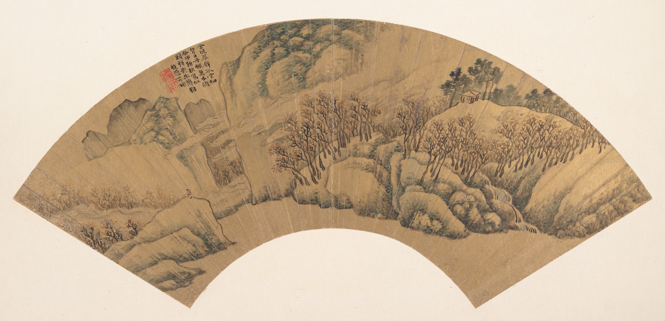吴彬《碧崖红树》扇面