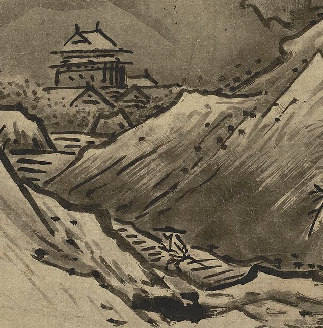 冬景中的行人与寺院