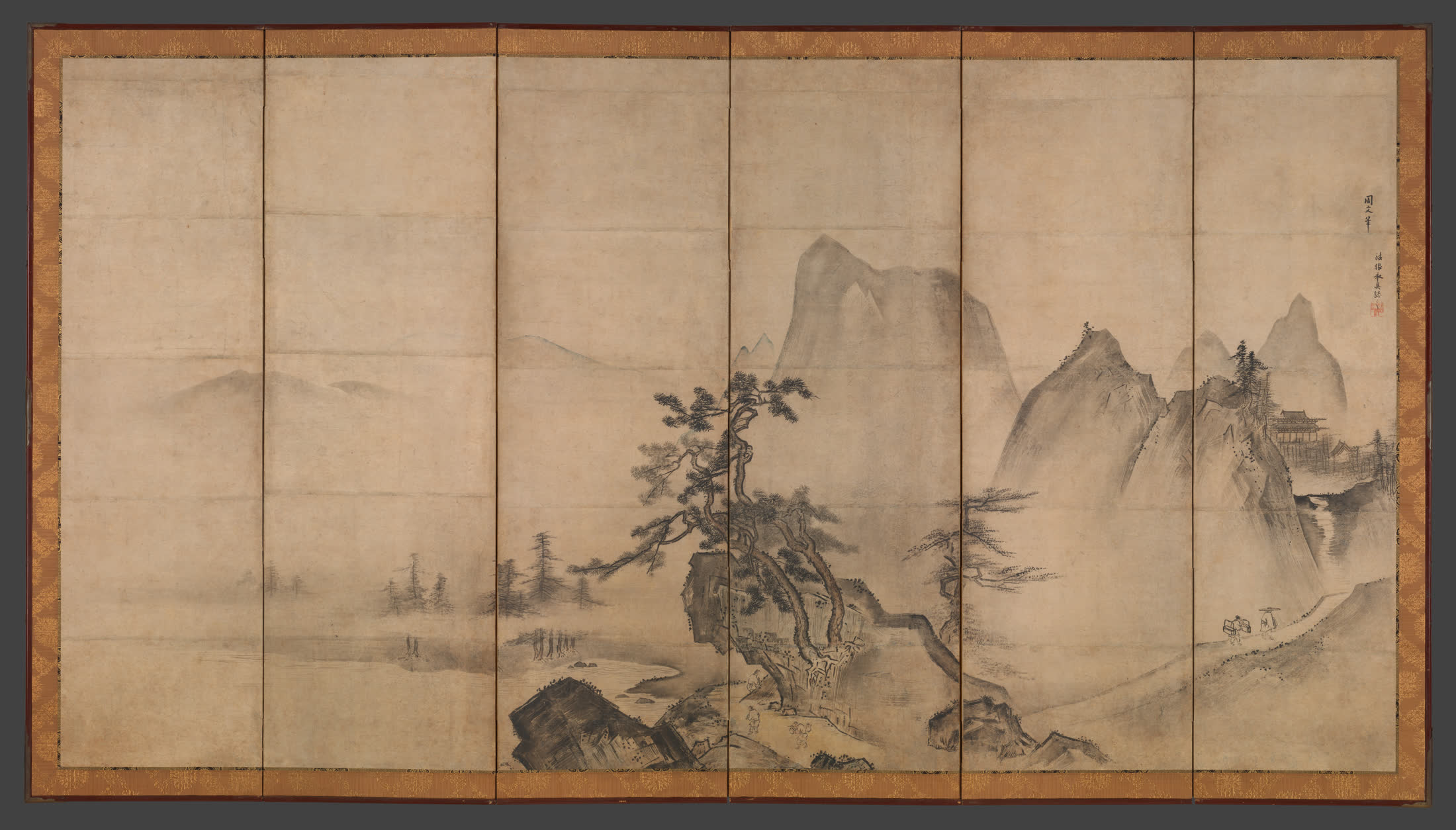 传天章周文《山水图屏风》右隻