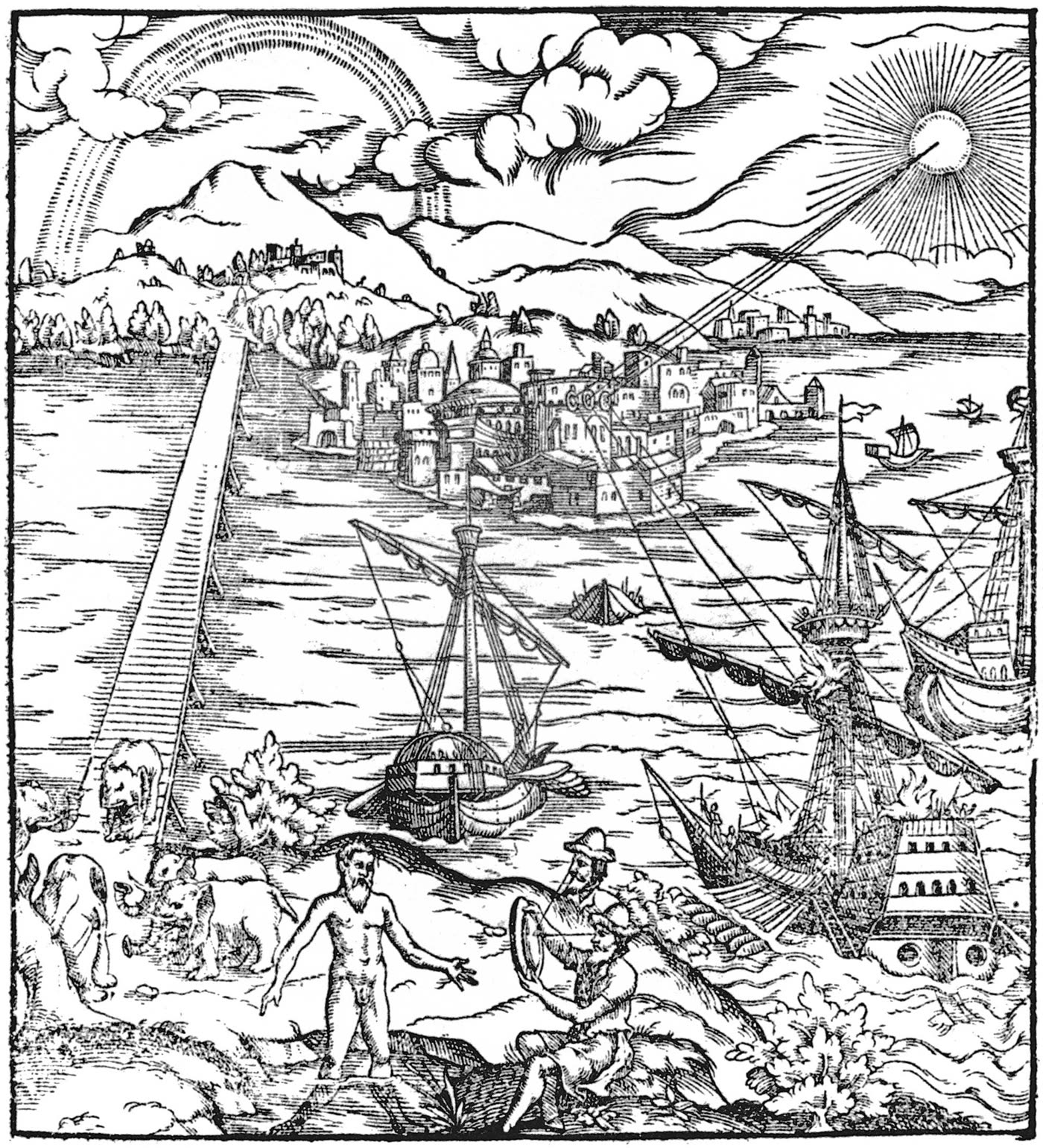 《光学宝库》1572 年巴塞尔版扉页木刻，画中有彩虹、镜子反射阳光烧船、站在水中的人等光学现象