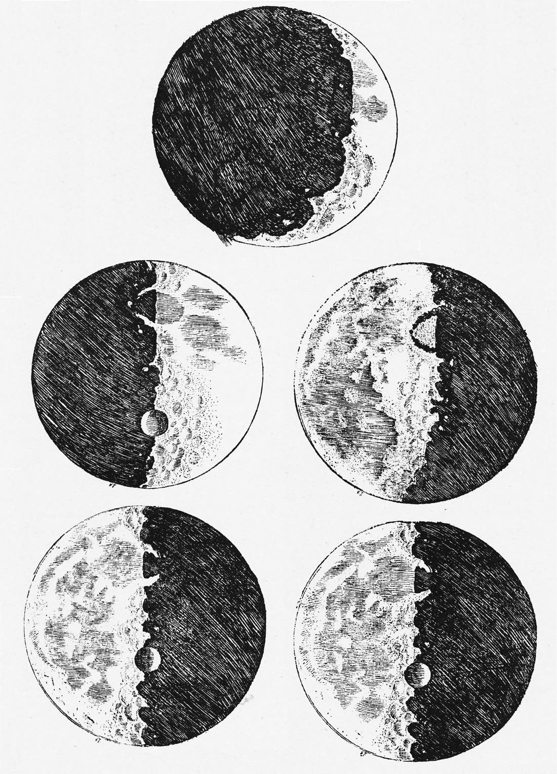 《星际信使》中的五幅月亮铜版画，上面一幅是月牙，下面四幅是半月，明暗分界线参差不齐