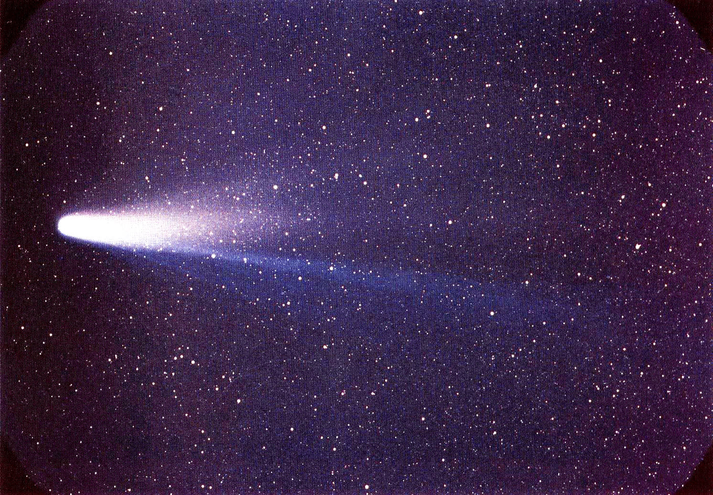 星空背景下的哈雷彗星，左侧明亮的彗头，向右拖出一条白色尘埃尾和一条偏蓝的离子尾