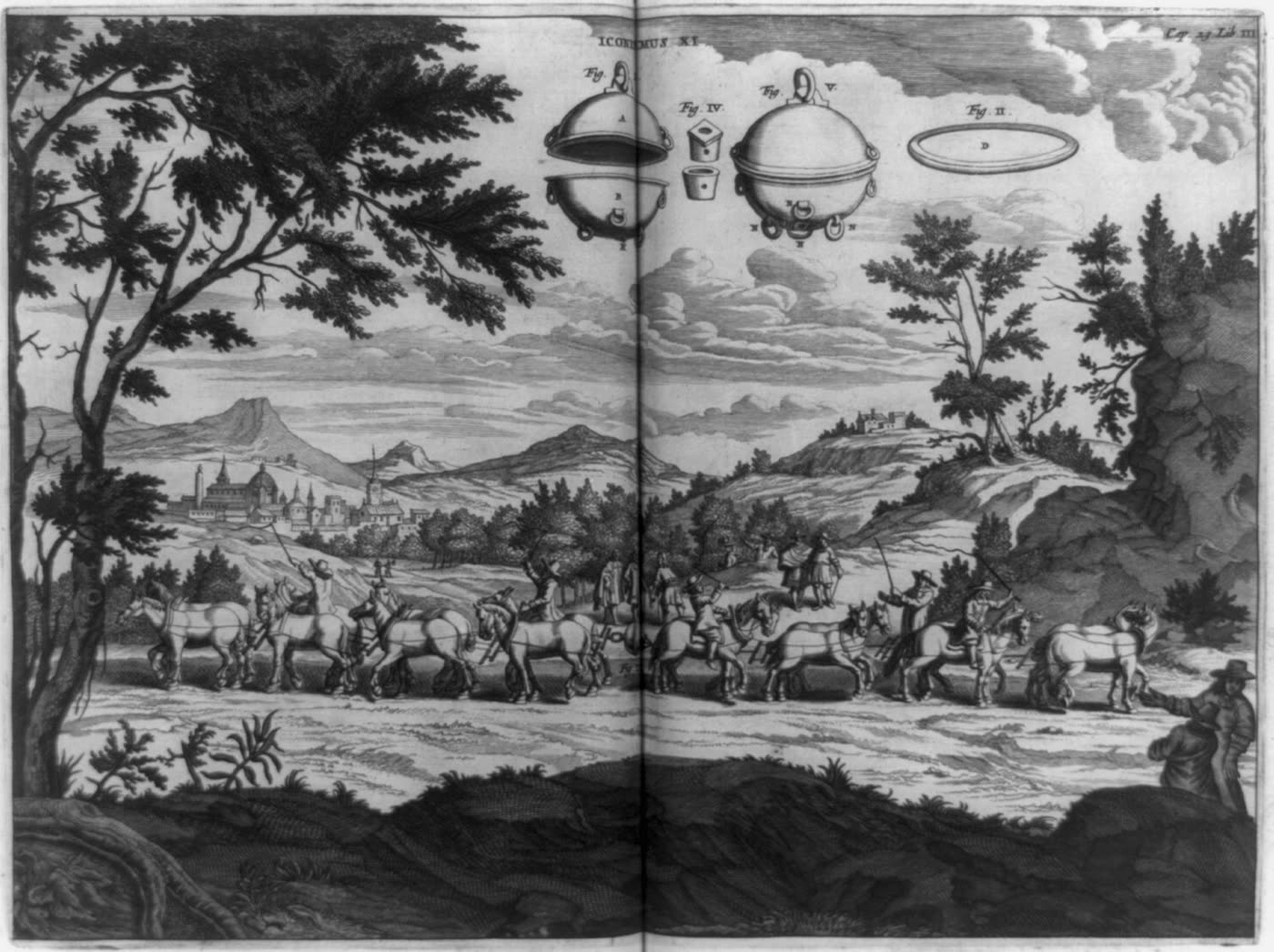 铜版画：前景是两队马朝相反方向拉，中间连着一个铜球；画面上方单独画着两个半球、一个皮圈和阀门部件；远处是一座城市