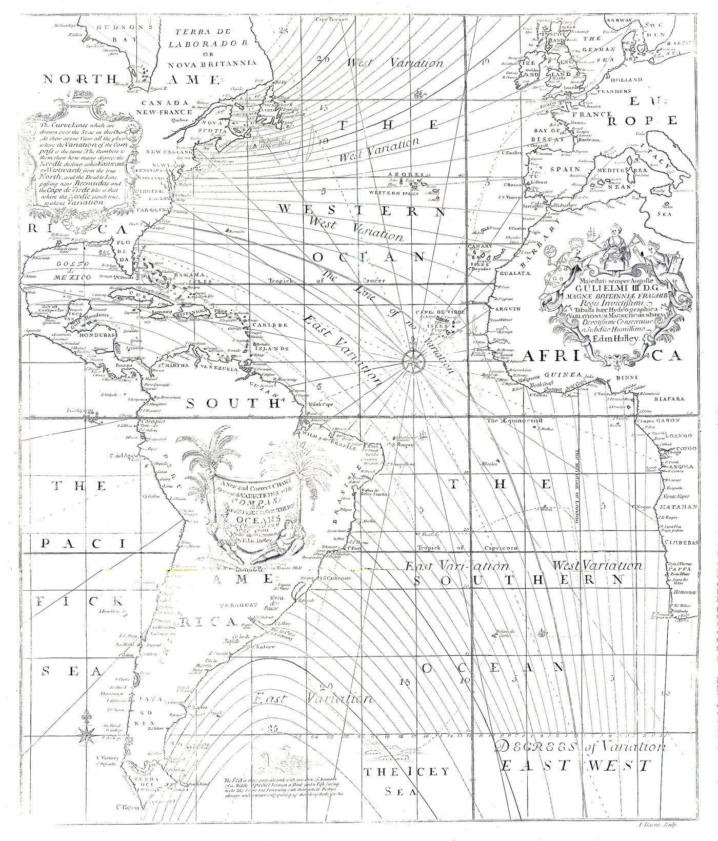 哈雷 1701 年海图：大西洋两岸的轮廓，海面上画满弯曲的细线，每条线旁标着度数